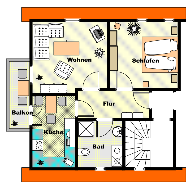 Grundriss der 45 qm Ferienwohnung mit Wohnraum, Küche, Bad, Schlafzimmer und Balkon
